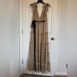 Elegant Gold Maxi Dress with Black Tie